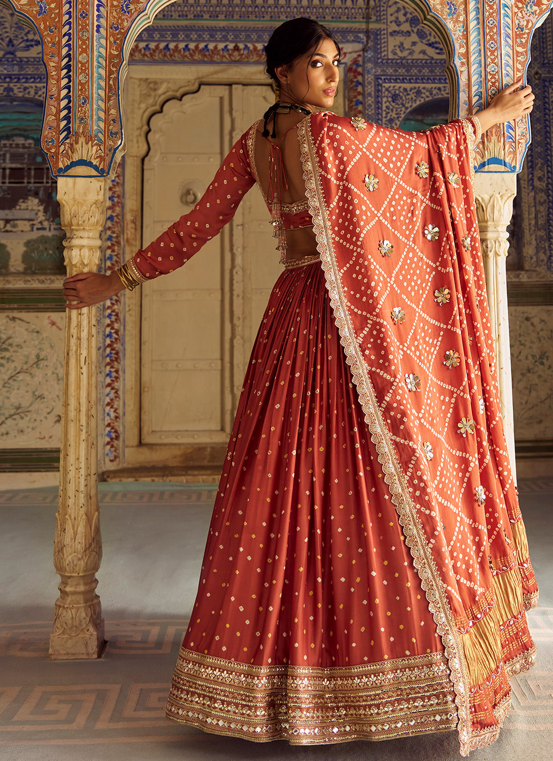 Rust Embroidered Pure Bandhani Lehenga