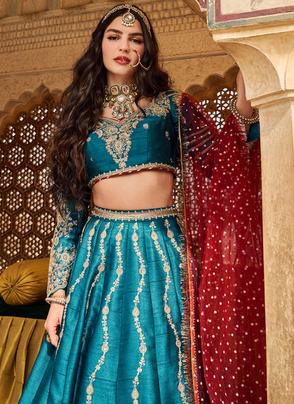 Teal Multicolor Embroidered Silk Lehenga