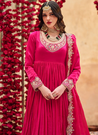 Hot Pink Embroidered Satin Anarkali