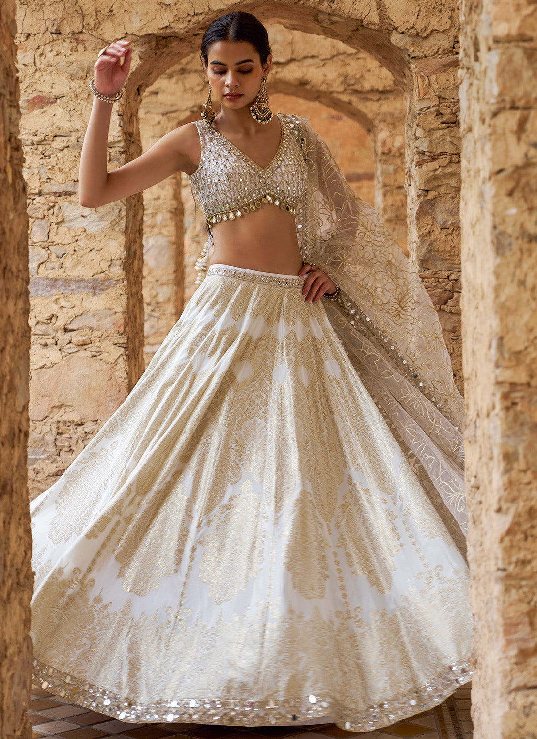 White and Gold Embroidered Viscose Brocade Lehenga