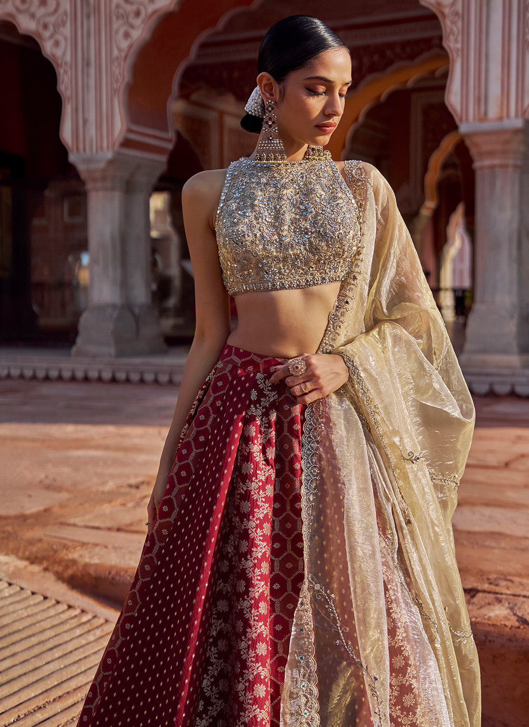 Maroon and Gold Embroidered Tissue Lehenga