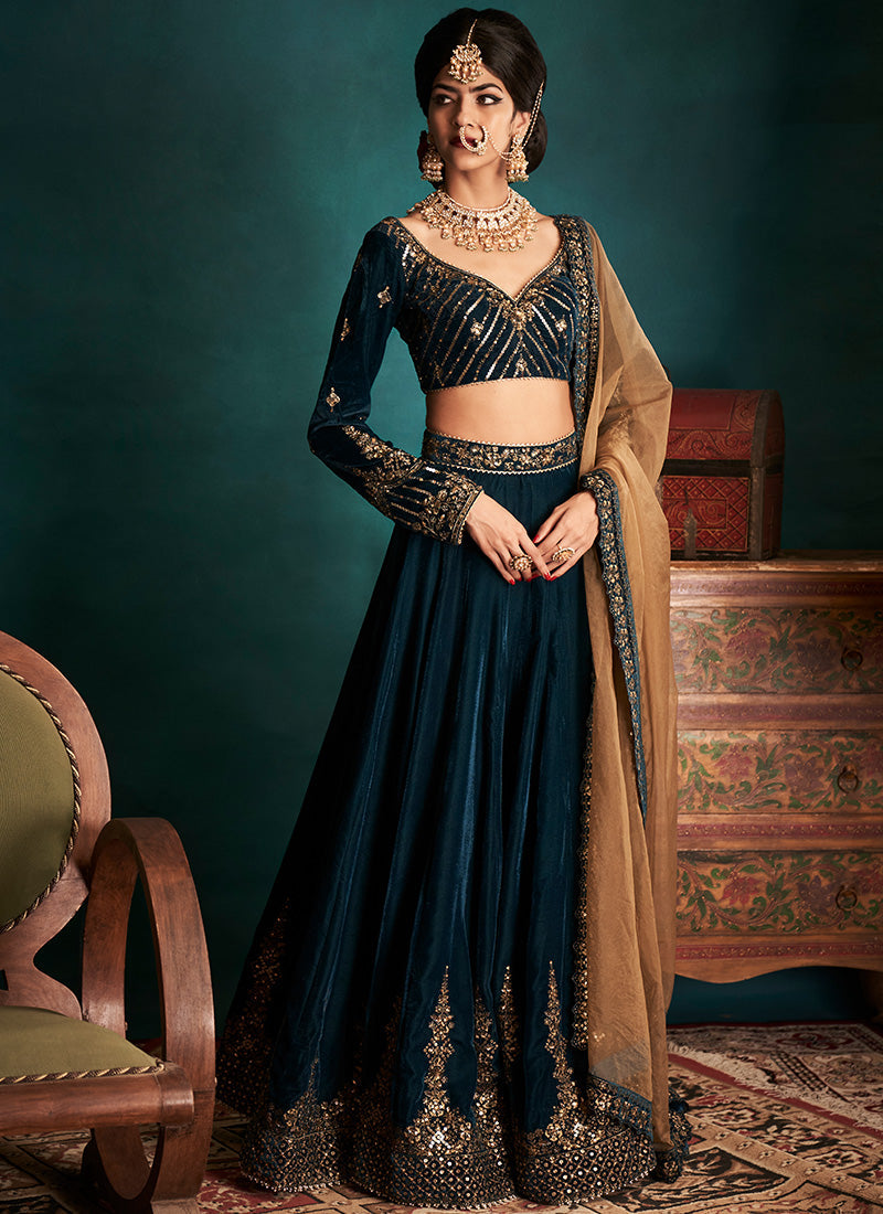 Dark Teal and Gold Embroidered Velvet Lehenga