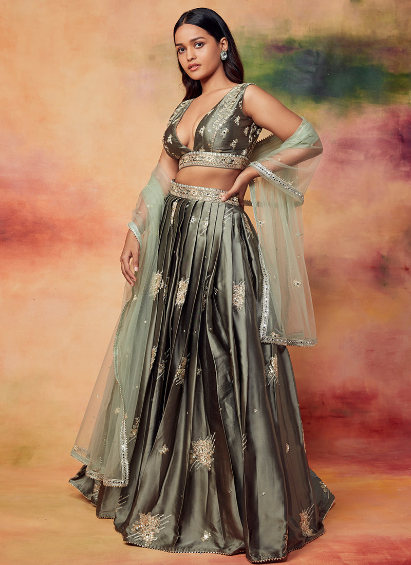 Dusty Olive Embroidered Satin Lehenga