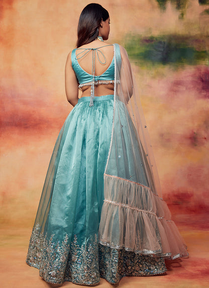 Dusty Teal and Pink Embroidered Lehenga