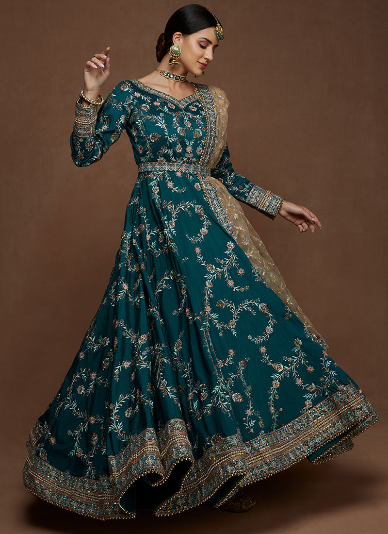 Teal Heavy Embroidered Silk Anarkali