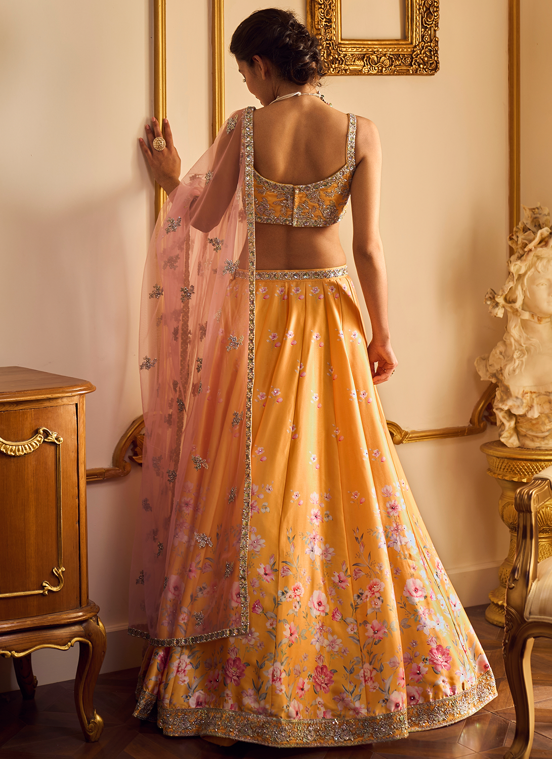 Yellow and Pink Floral Printed Lehenga - Lashkaraa