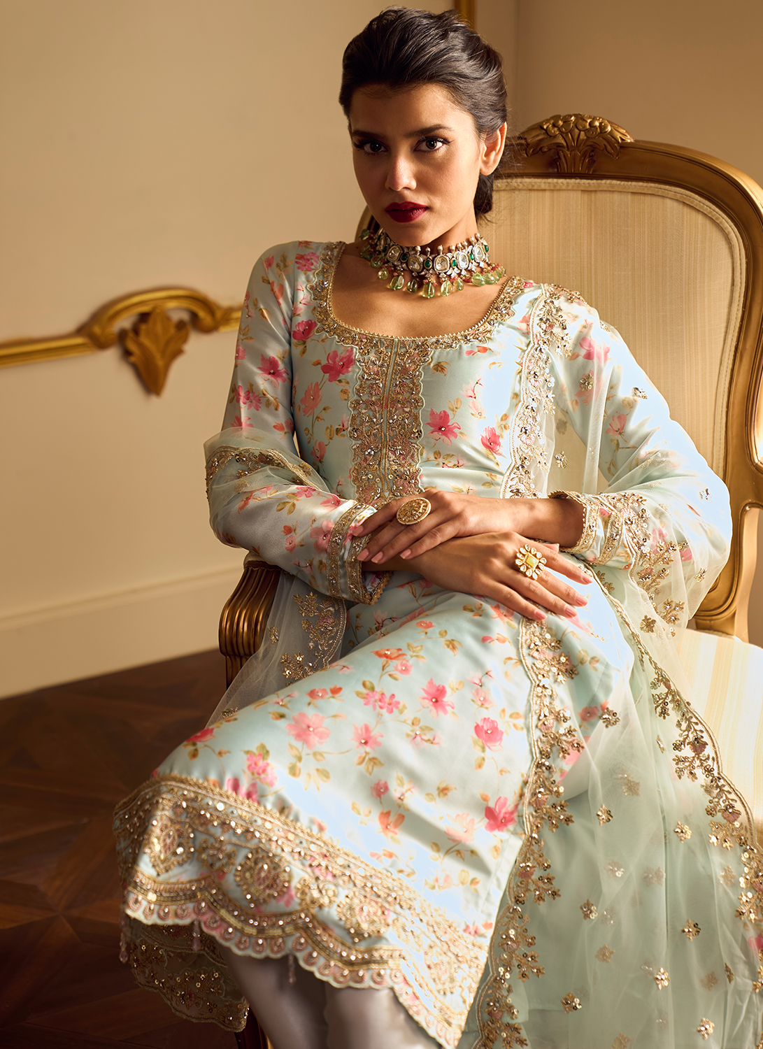 Light Mint Floral Straight Suit - Lashkaraa
