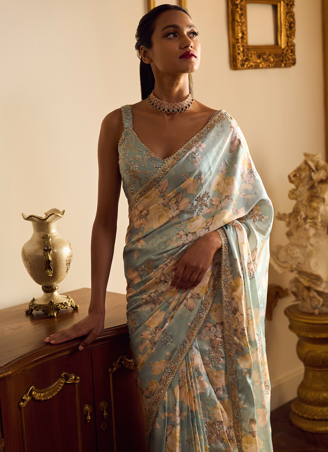 Dusty Mint Floral Printed Saree - Lashkaraa