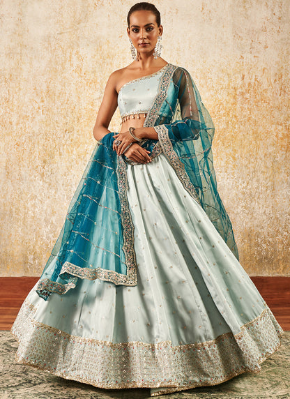 Light Turquoise One Shoulder Style Lehenga