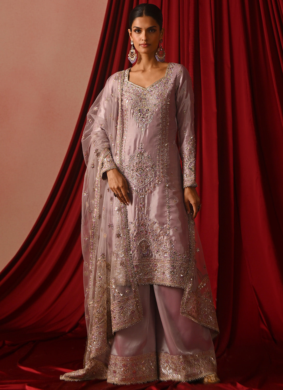 Lavender Embroidered Silk Palazzo Suit