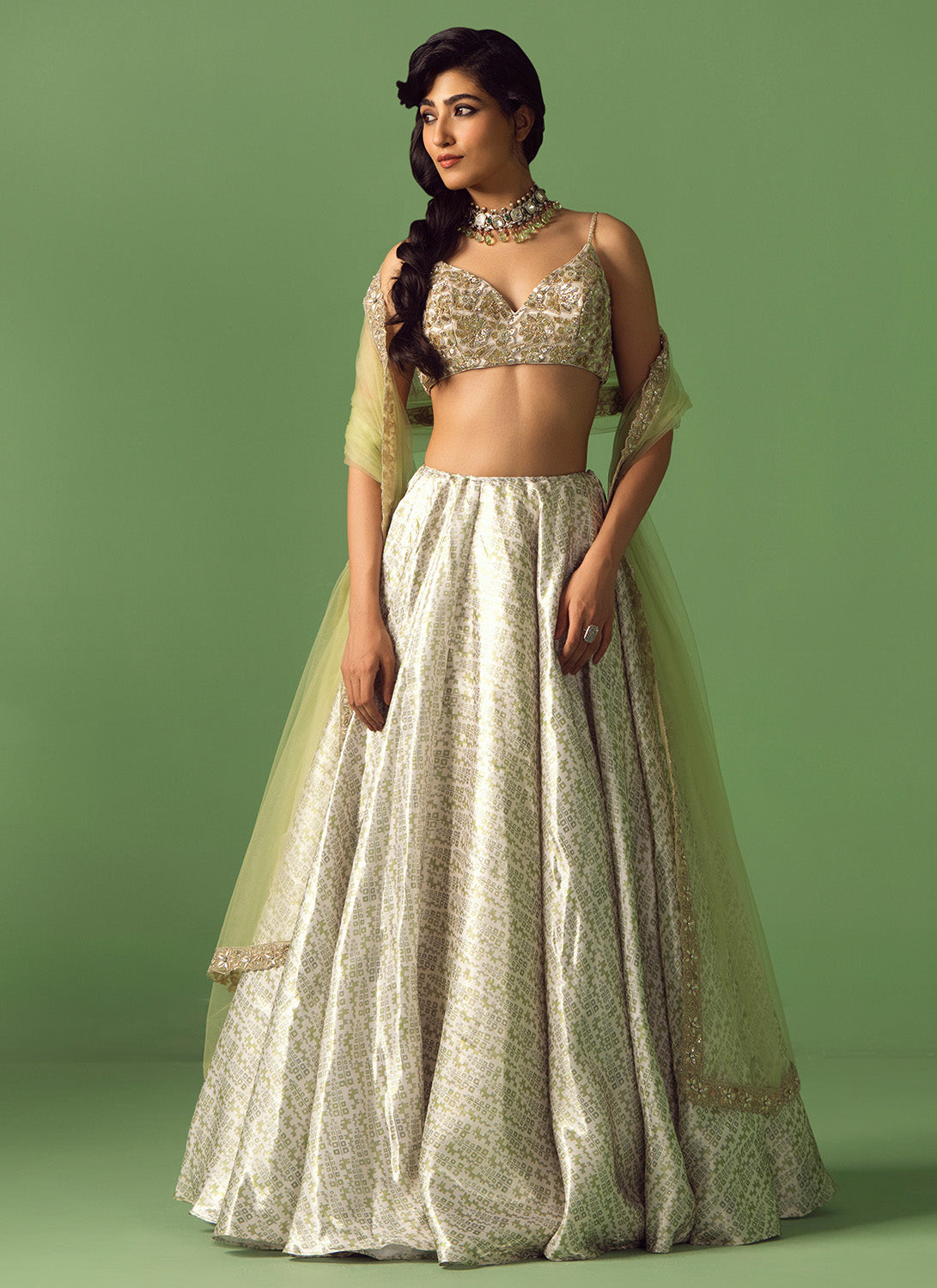 Light Green Printed Organza Lehenga