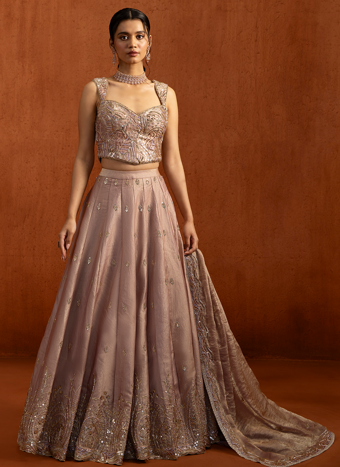 Light Mauve Embroidered Satin Lehenga