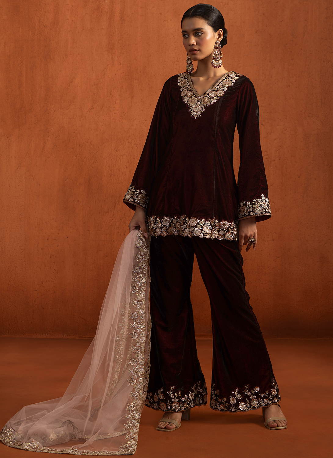 Maroon Embroidered Velvet Pant Suit