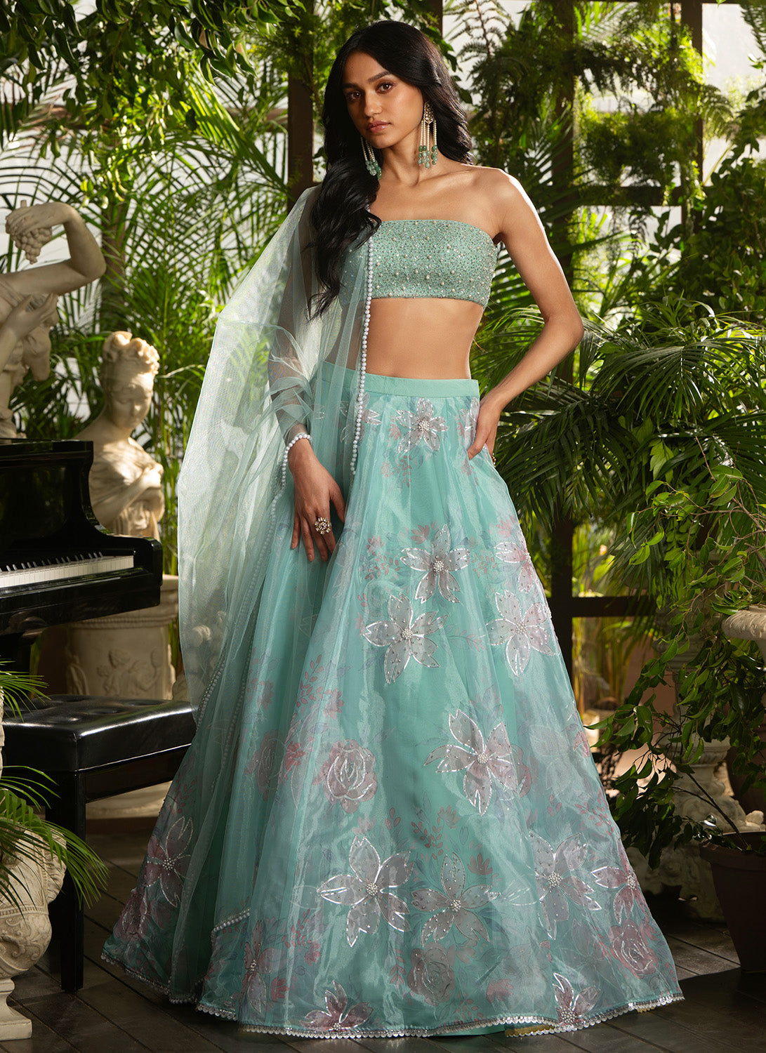 Mint Embroidered Net Lehenga