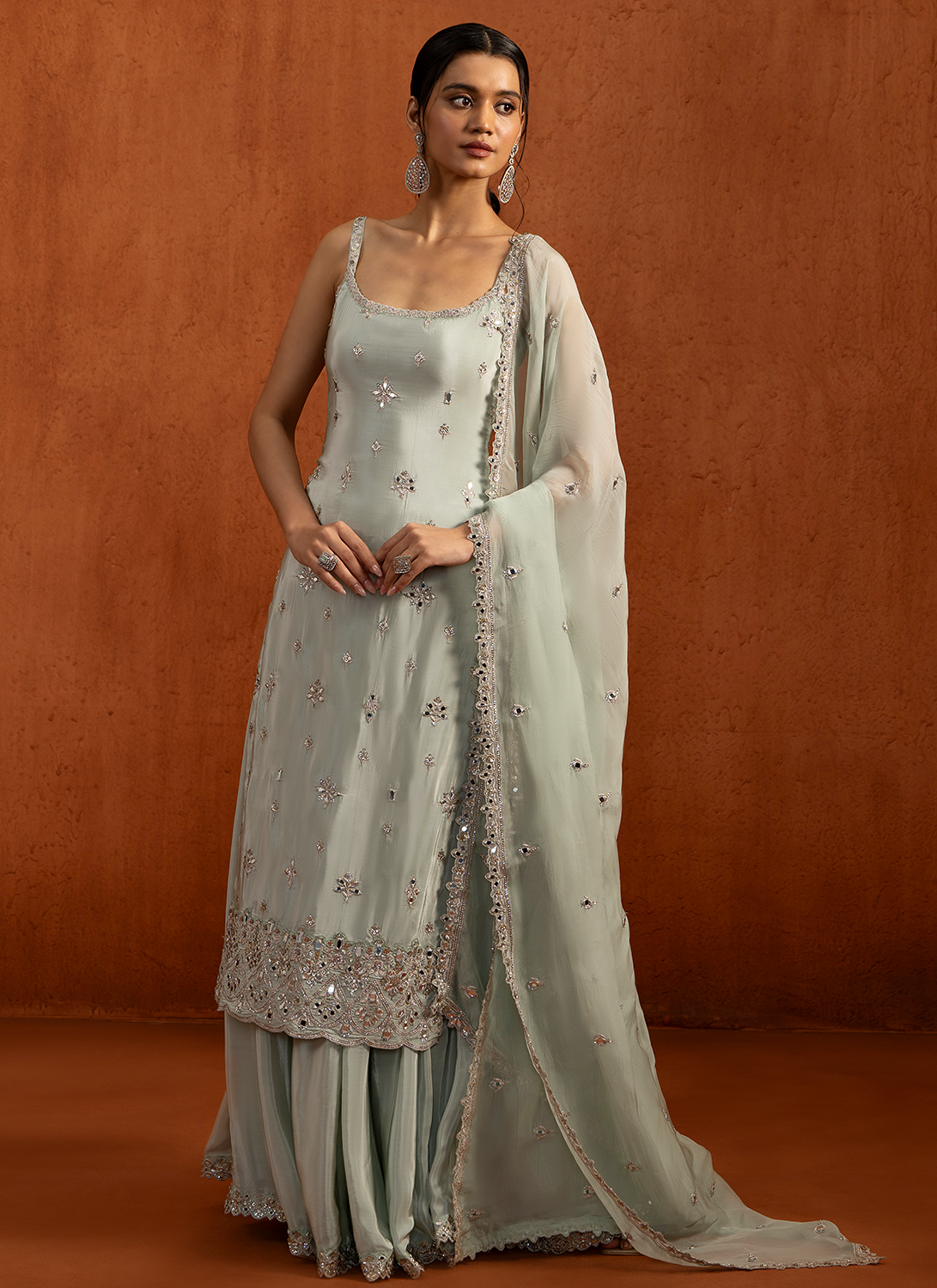Mint Embroidered Viscose Crepe Sharara Suit