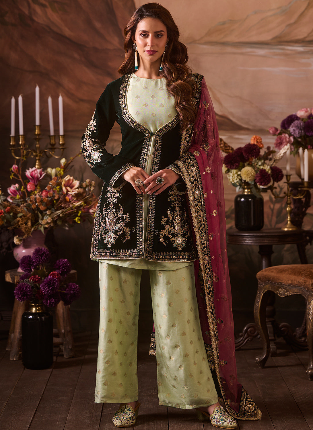 Mint Green Embroidered Velvet Pant Suit With Jacket