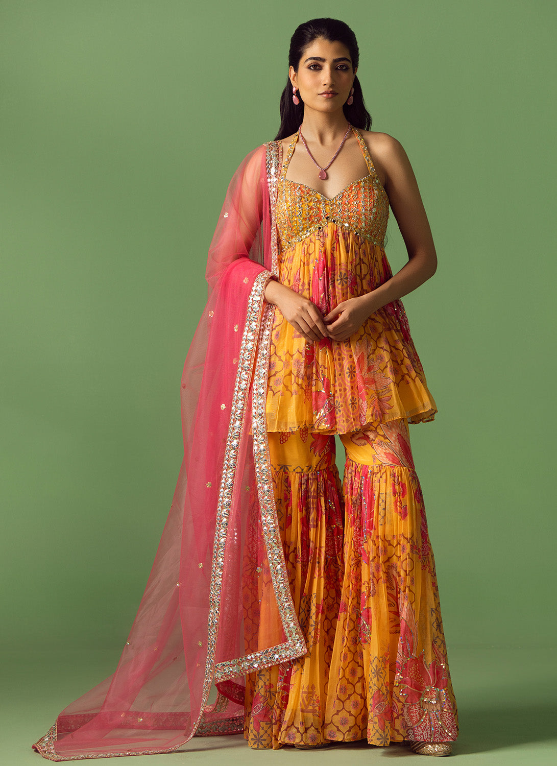Mustard Yellow and Pink Floral Printed Gharara
