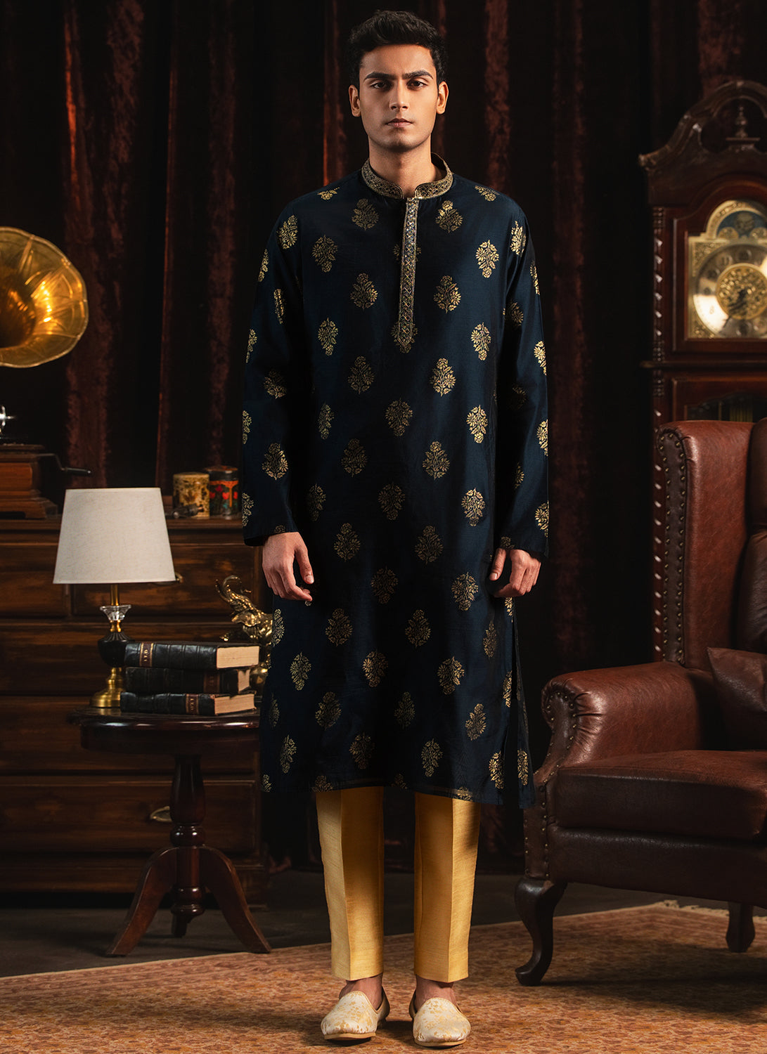 Navy Blue Foil Printed Kurta Set
