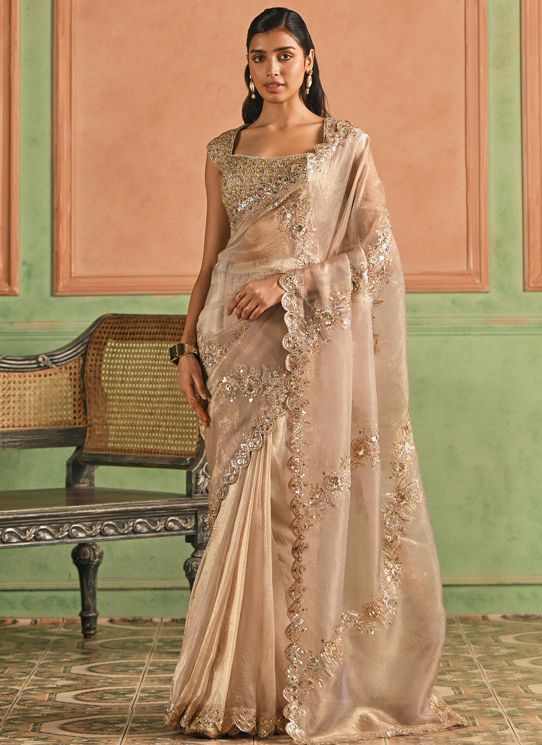 Nude Gold Embroidered Silk Saree