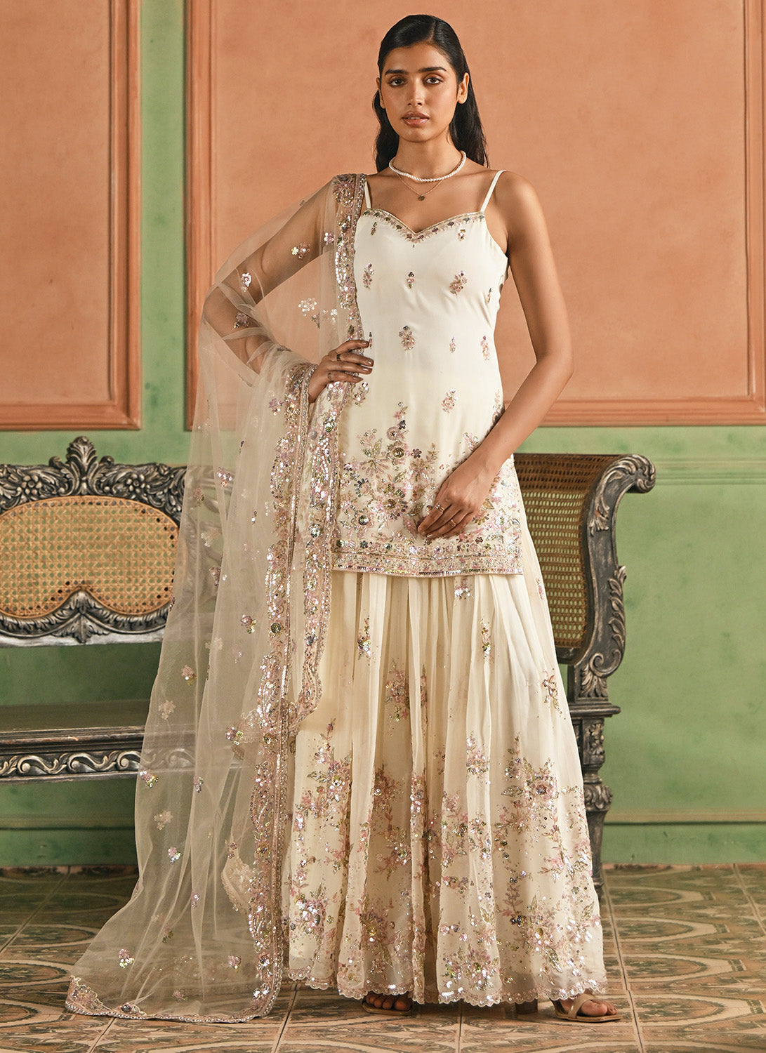 Off White Embroidered Georgette Sharara