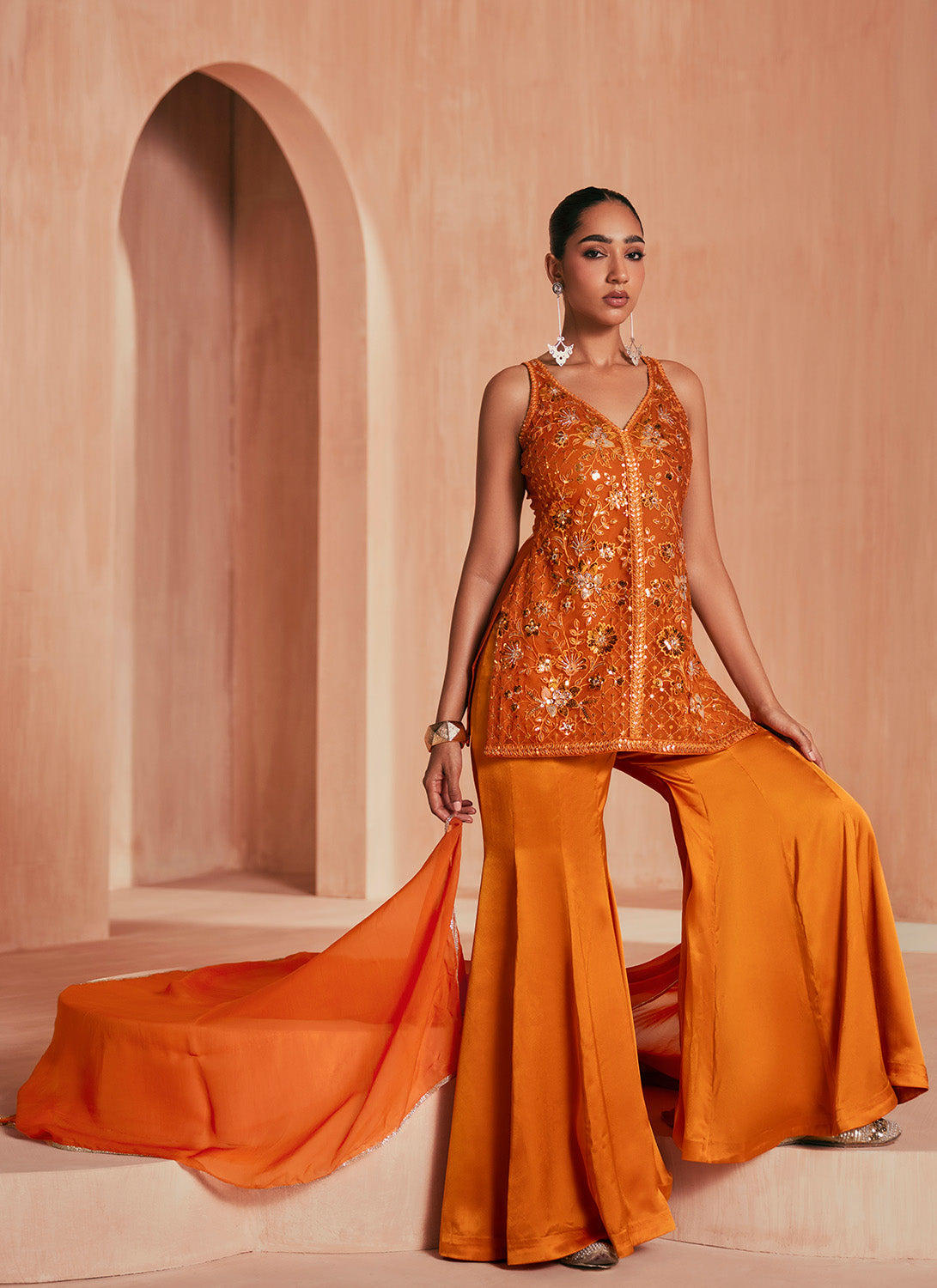 Orange Embroidered Satin Sharara