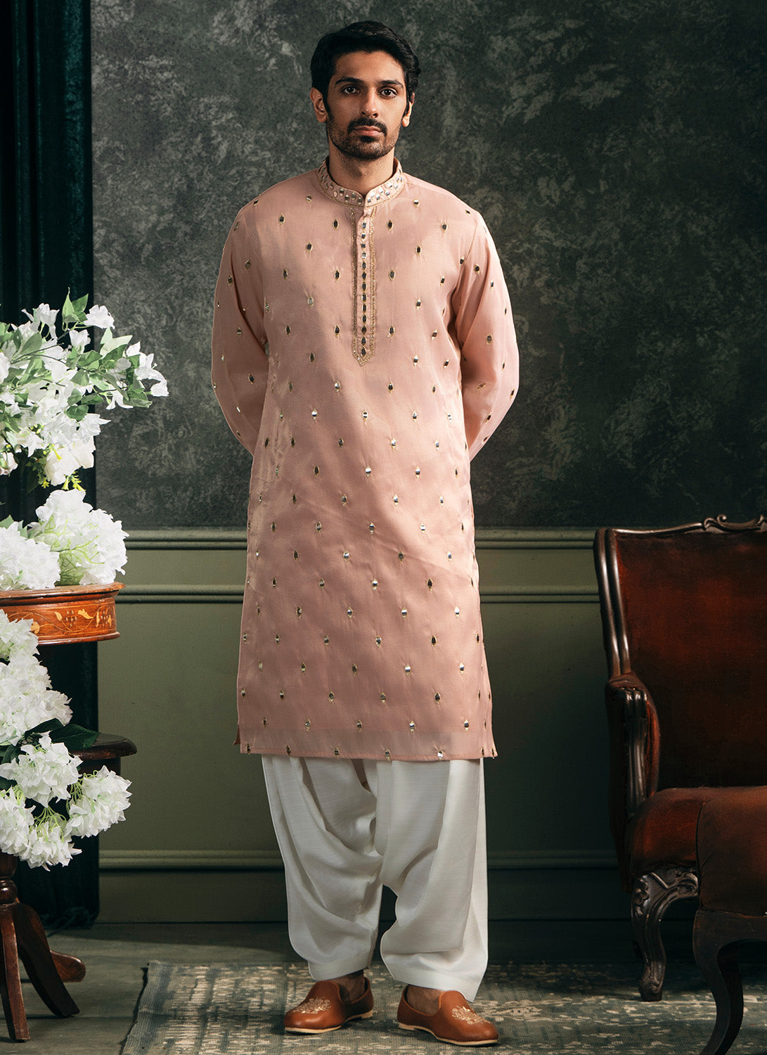 Peach Embroidered Silk Kurta Set