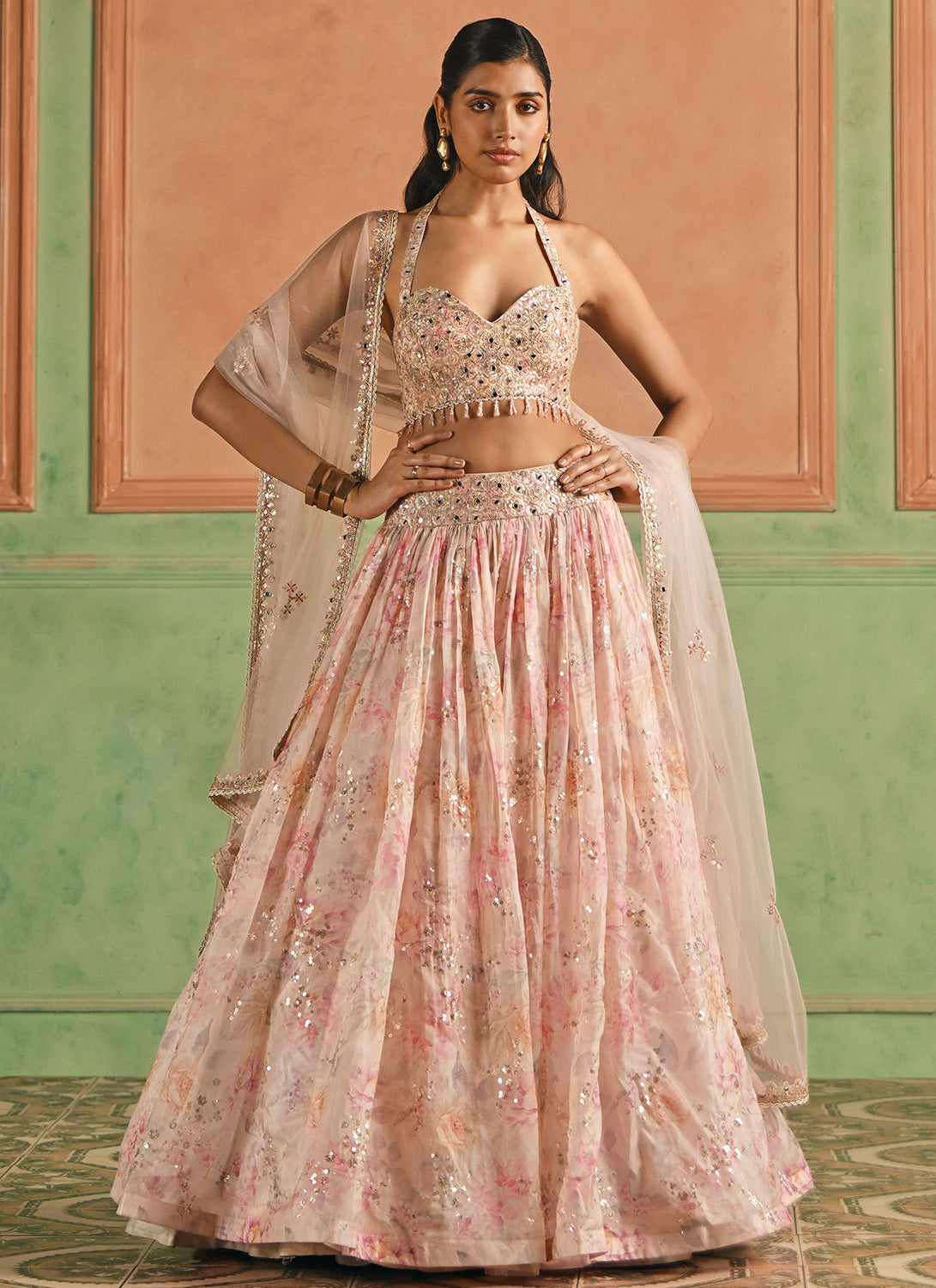 Pink Floral Embroidered Tissue Lehenga