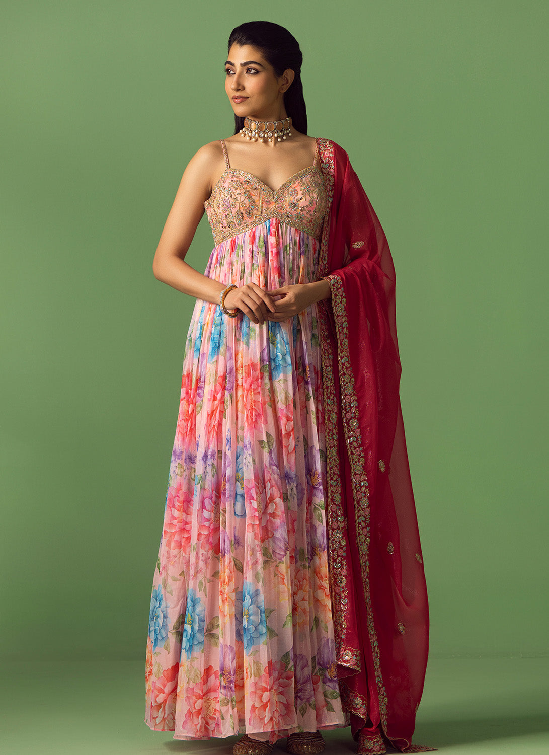 Pink Multicolor Floral Printed Anarkali