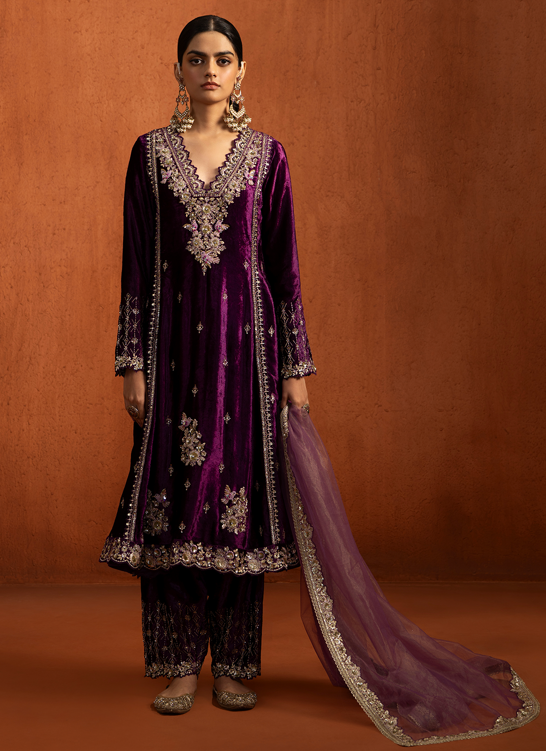 Purple Embroidered Velvet Straight Suit