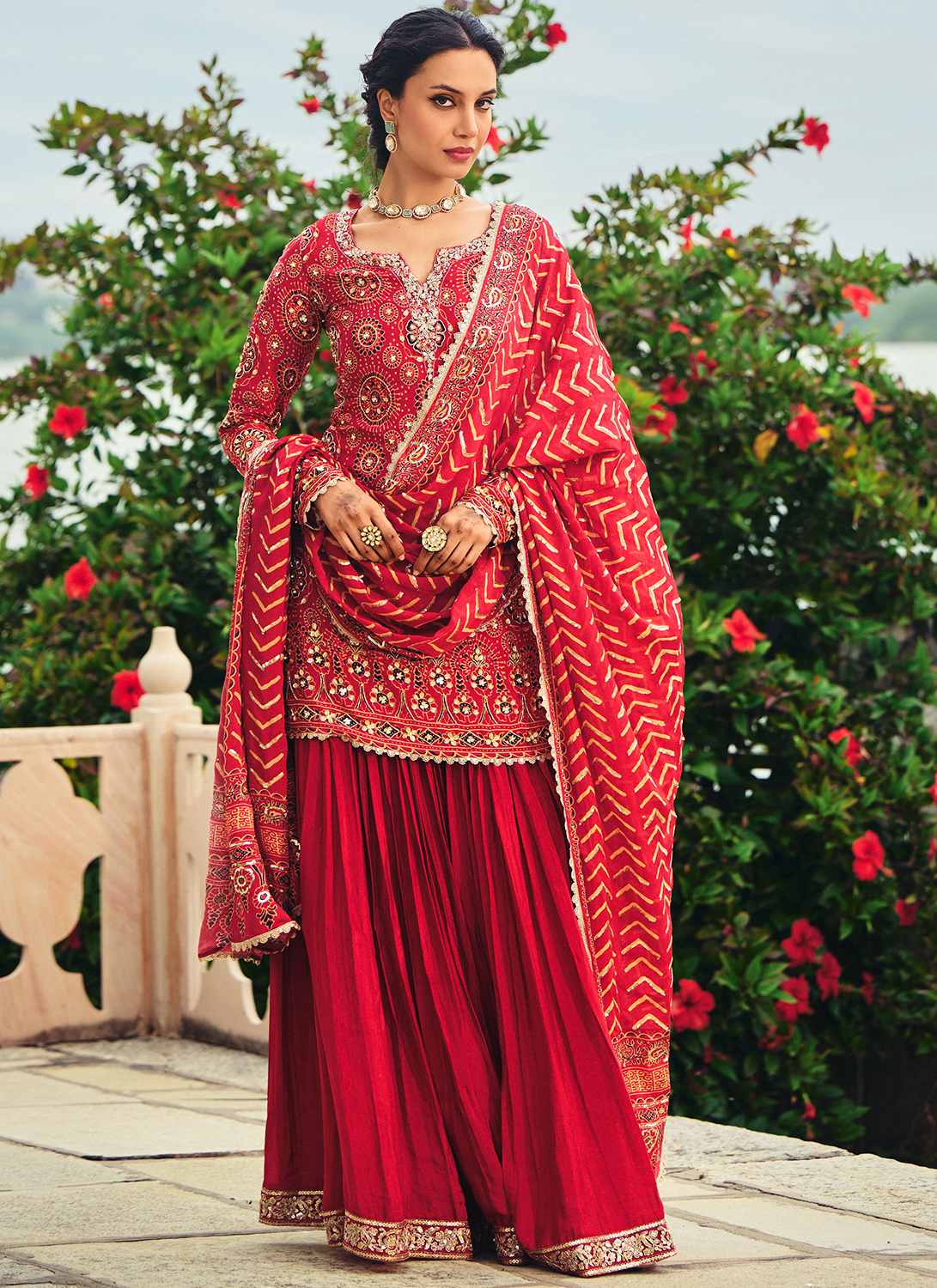 Red Embroidered Ajrakh Print Gharara