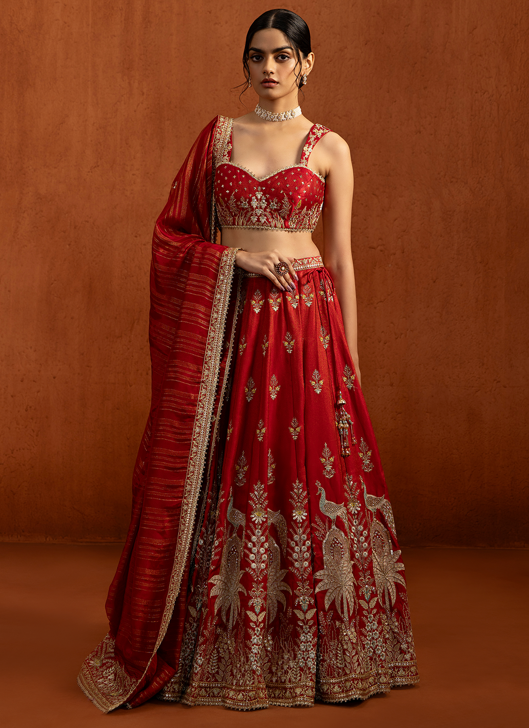 Red Embroidered Viscose Tissue Satin Lehenga