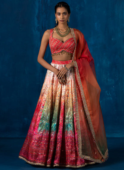 Red Multicolor Embroidered Lehenga