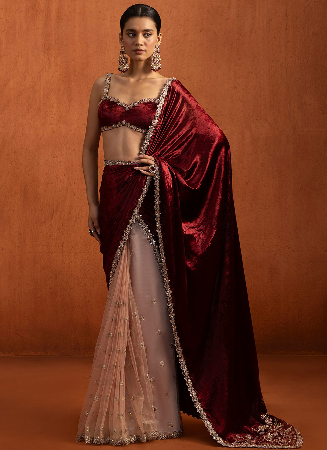 Red Multicolor Embroidered Viscose Velvet Saree