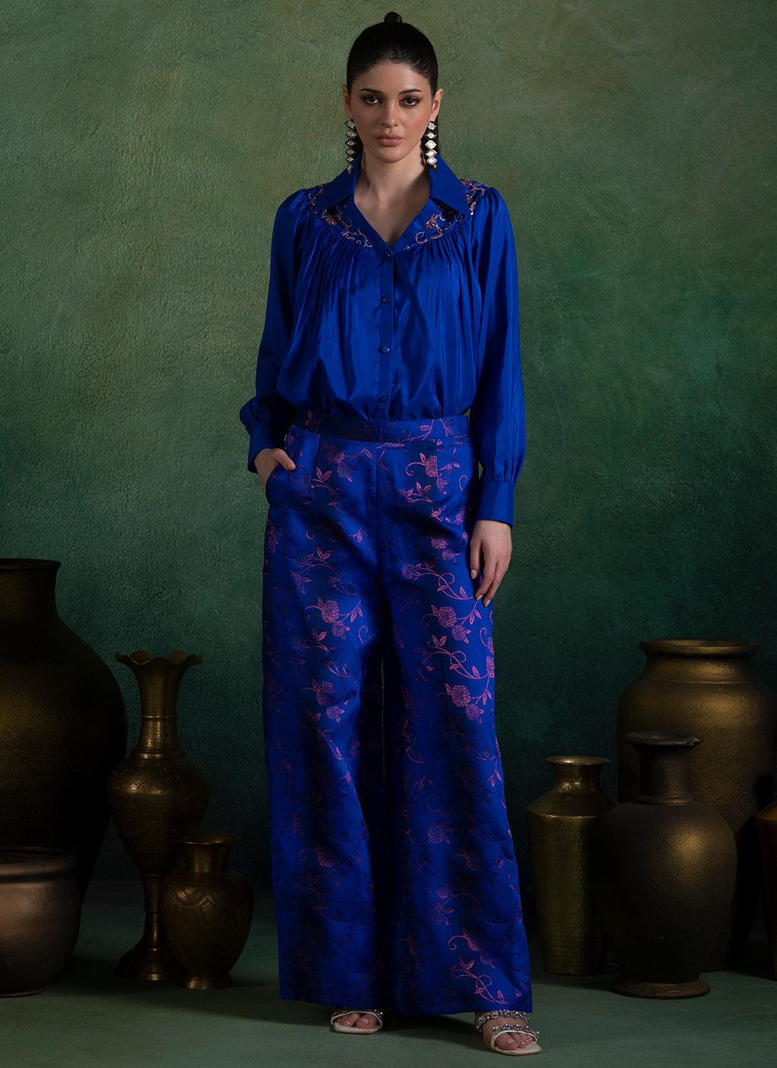 Royal Blue Embroidered Brocade Blouse and Pant Set
