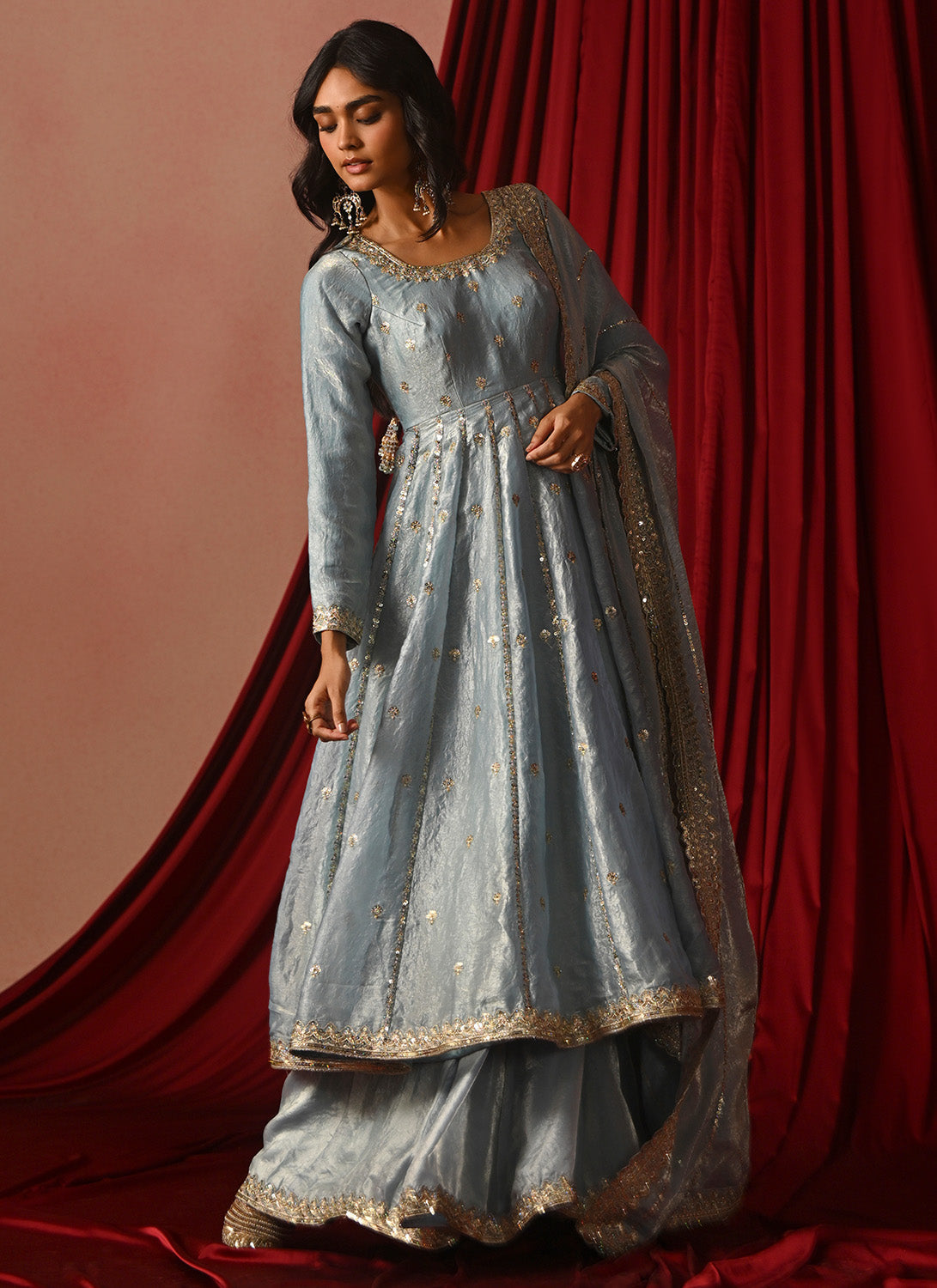 Sky Blue Embroidered Tissue Anarkali