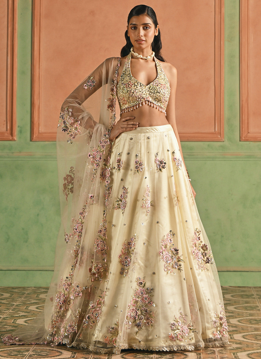 Soft Yellow Embroidered Net Lehenga