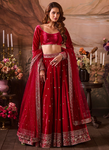 Hot Pink Embroidered Velvet Lehenga