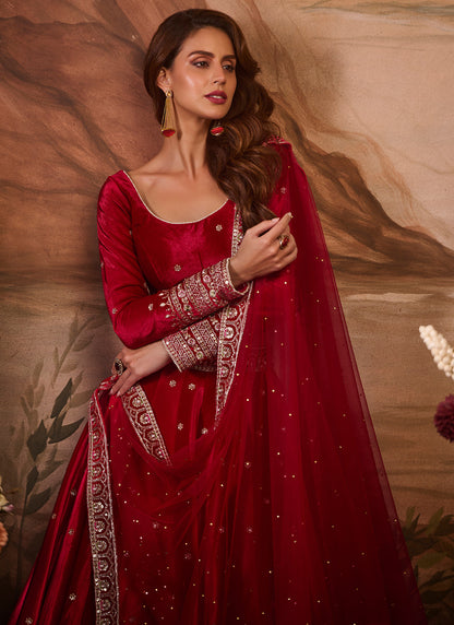 Hot Pink Embroidered Velvet Lehenga