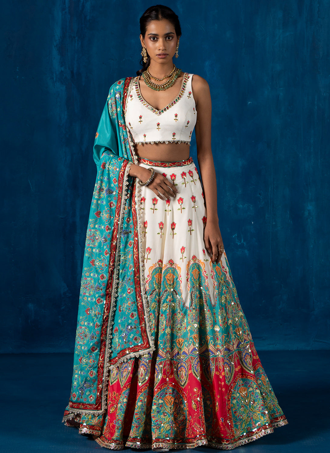 White and Teal Multicolor Embroidered Lehenga