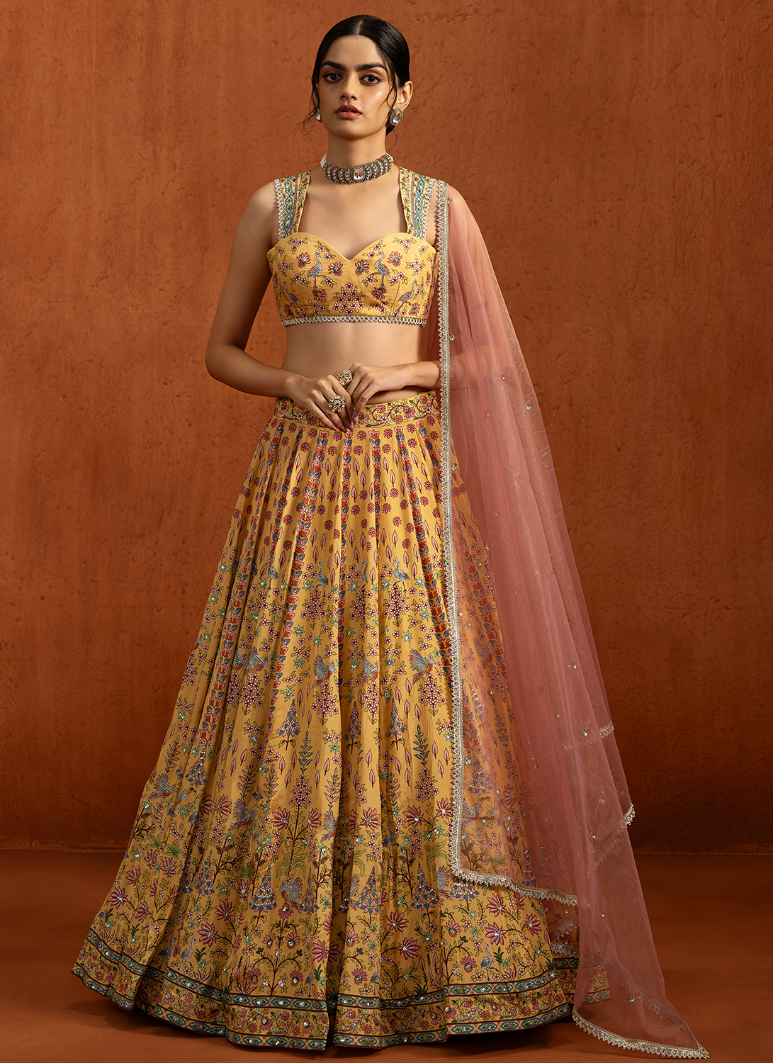 Yellow Multicolor Printed Viscose Silk Lehenga