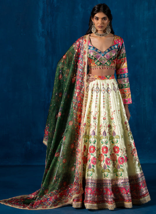 Yellow and Green Multicolor Embroidered Lehenga