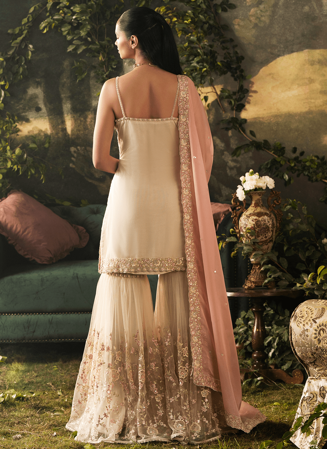 Beige and Pink Embroidered Net Gharara - Lashkaraa