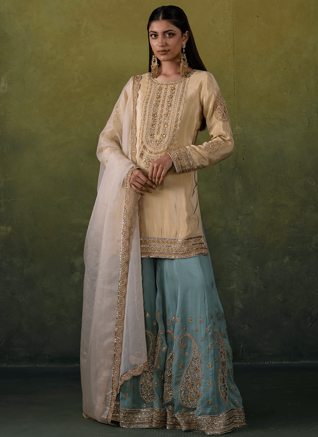 Beige and Sea Green Embroidered Crepe Sharara - Lashkaraa