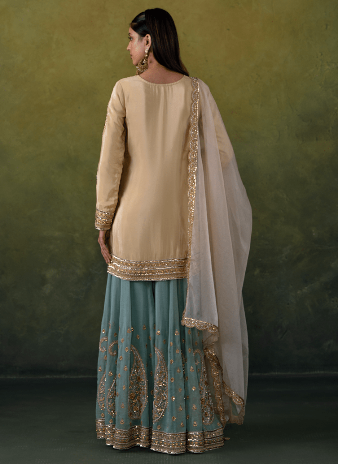 Beige and Sea Green Embroidered Crepe Sharara - Lashkaraa