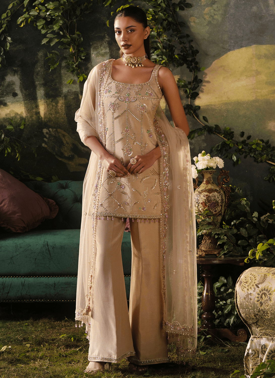 Beige Embroidered Tissue Pant Suit - Lashkaraa