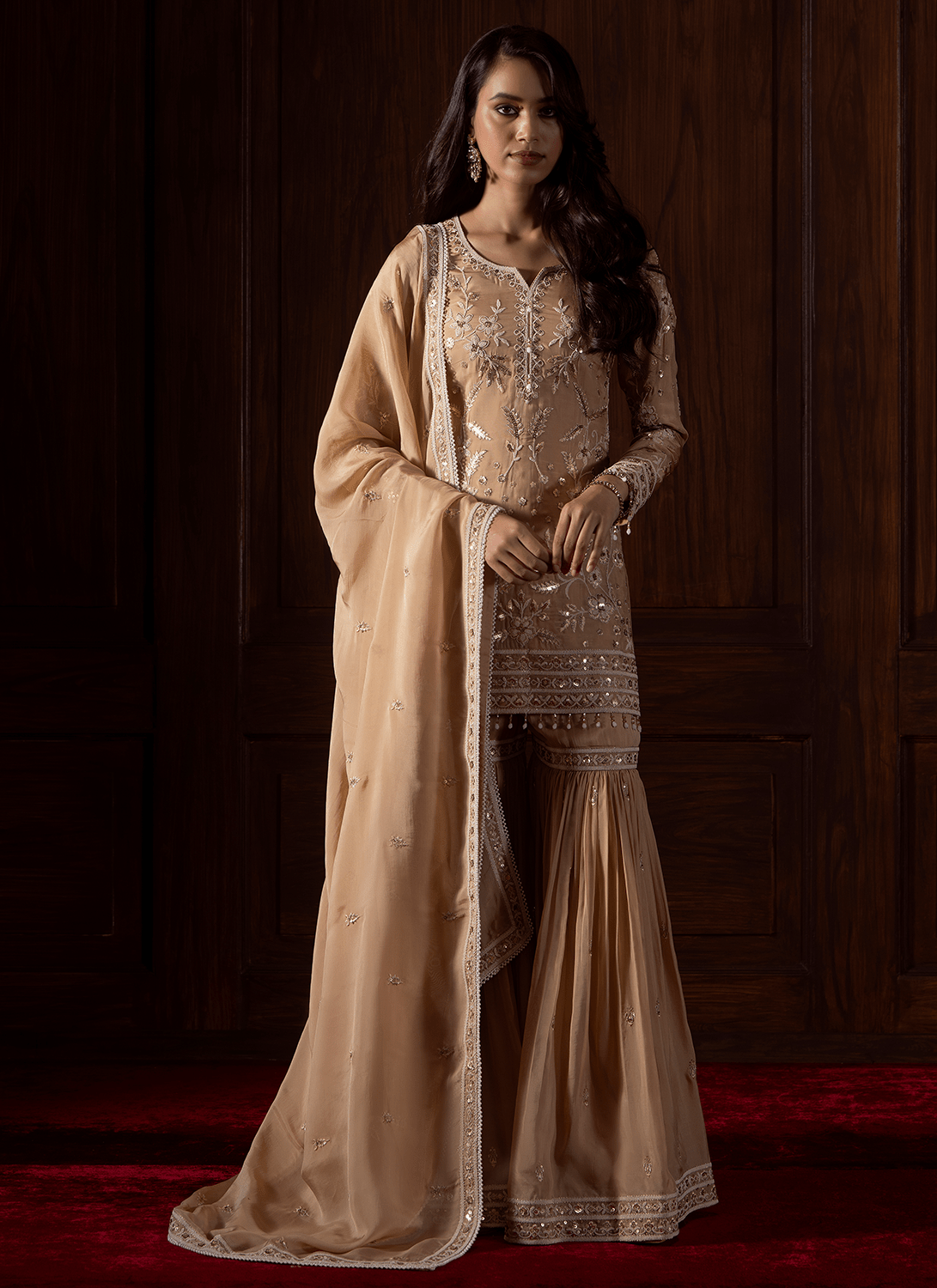 Beige Embroidered Viscose Organza Gharara - Lashkaraa