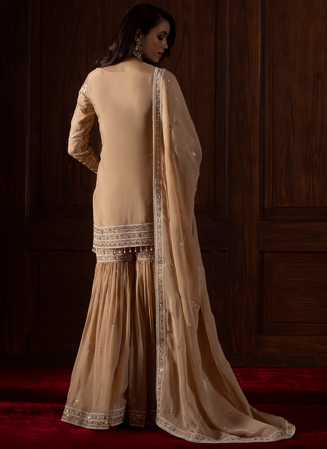 Beige Embroidered Viscose Organza Gharara - Lashkaraa