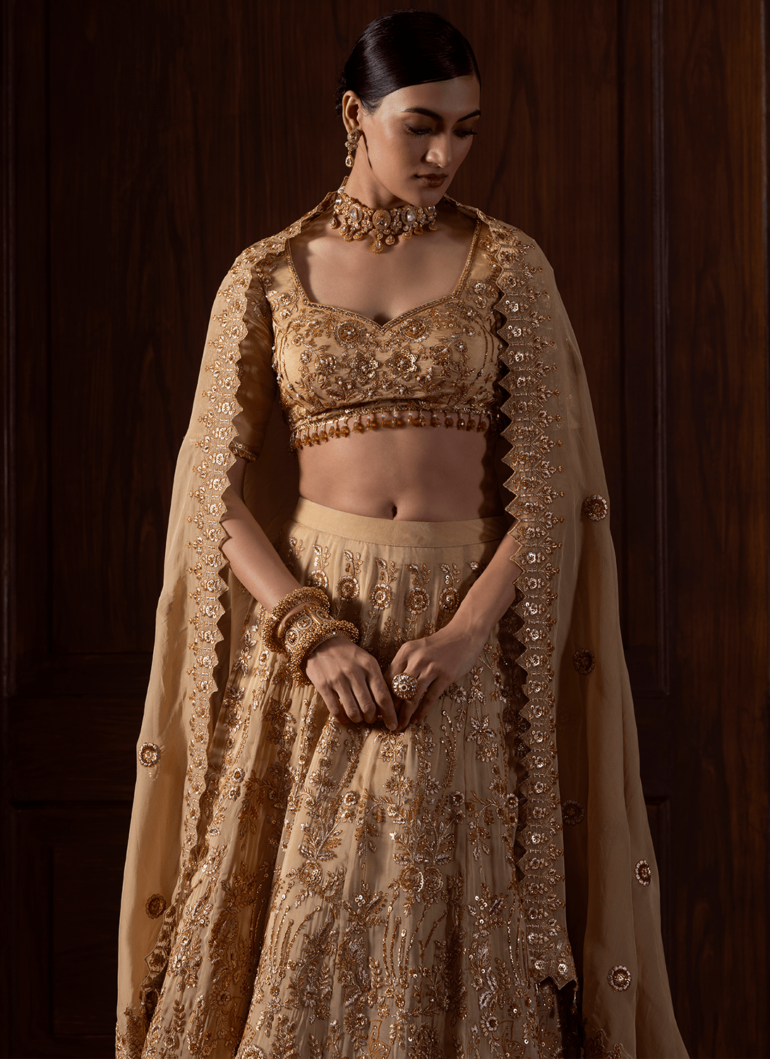 Beige Embroidered Viscose Organza Lehenga - Lashkaraa