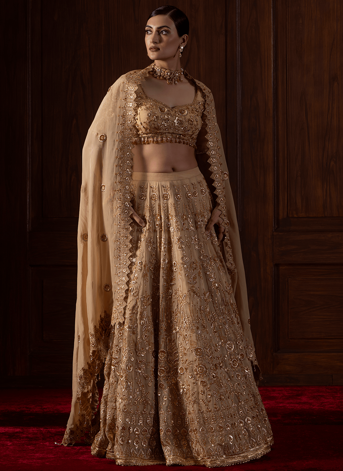 Beige Embroidered Viscose Organza Lehenga - Lashkaraa