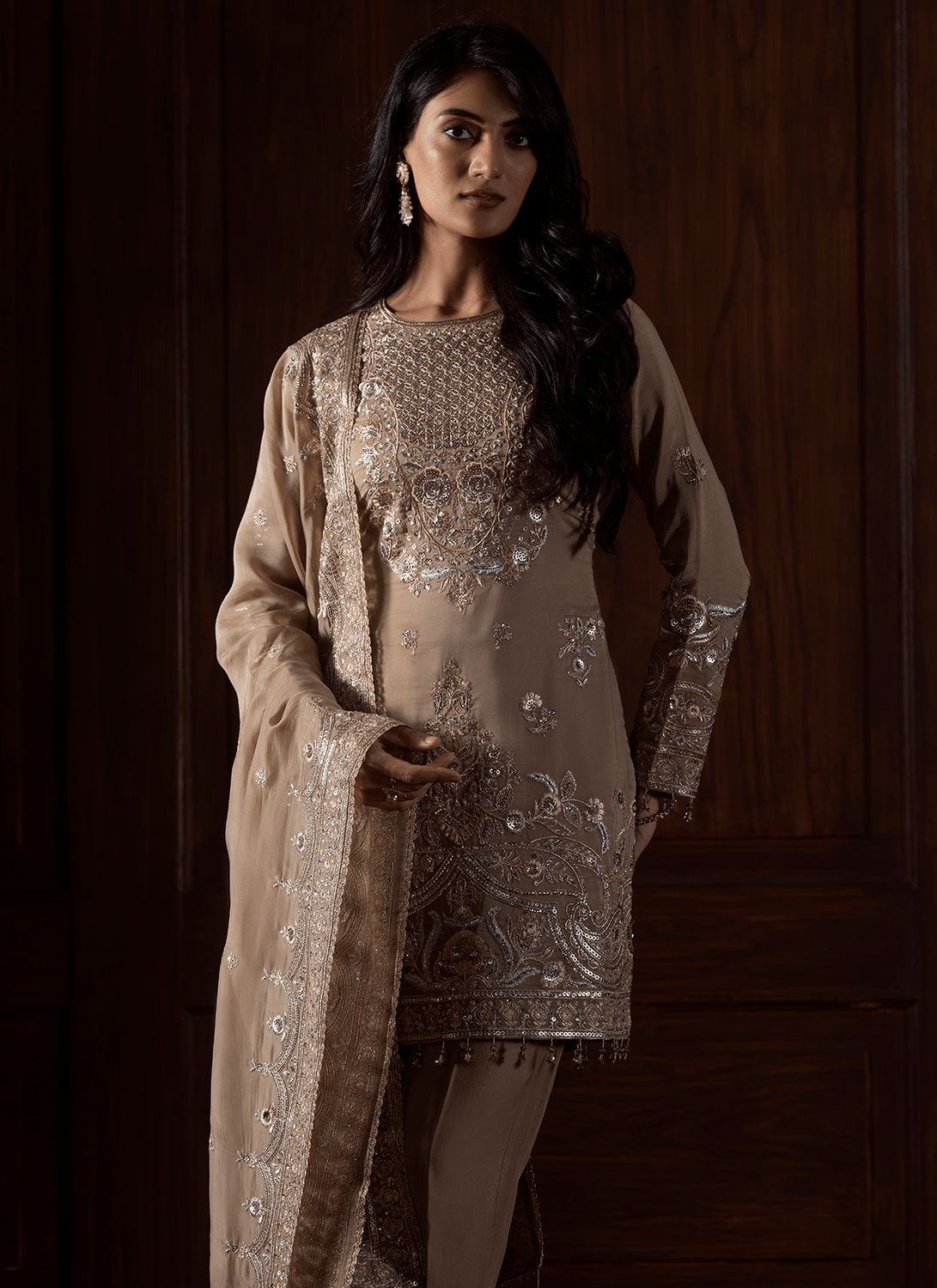 Beige Embroidered Viscose Organza Pant Suit - Lashkaraa
